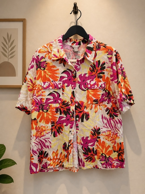 White Stag Tops - White Stag Floral Button-Down Shirt in Orange, Pink, Black on White